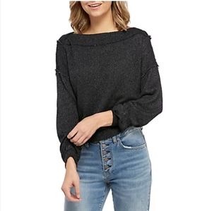 Free People Black Distressed Stay With Me Hacci Boatneck Top